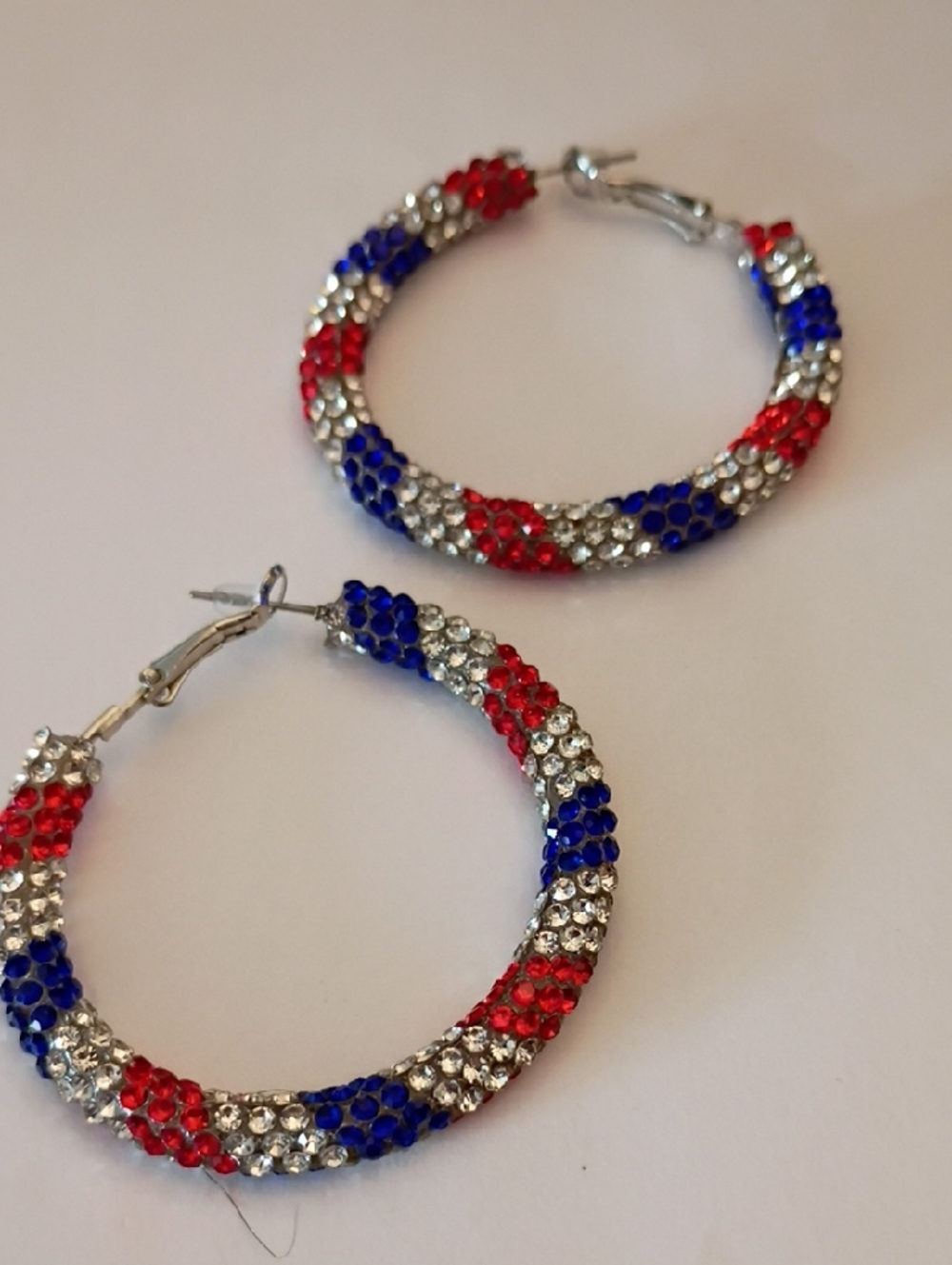 Tricolor Crystal Hoop Earrings — Red, Blue & Silver Sparkle